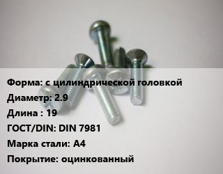 Винт с цилиндрической головкой 2.9х19 DIN 7981 Сталь: А4 оцинкованный, шлиц Phillips, кг цена от 174.91 ₼ / кг, где купить, условия доставки в Баку и Бакинская области
